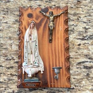 🌎Religious Wall Plaque with Virgin Fatima and Crucifix mini Candle Holder